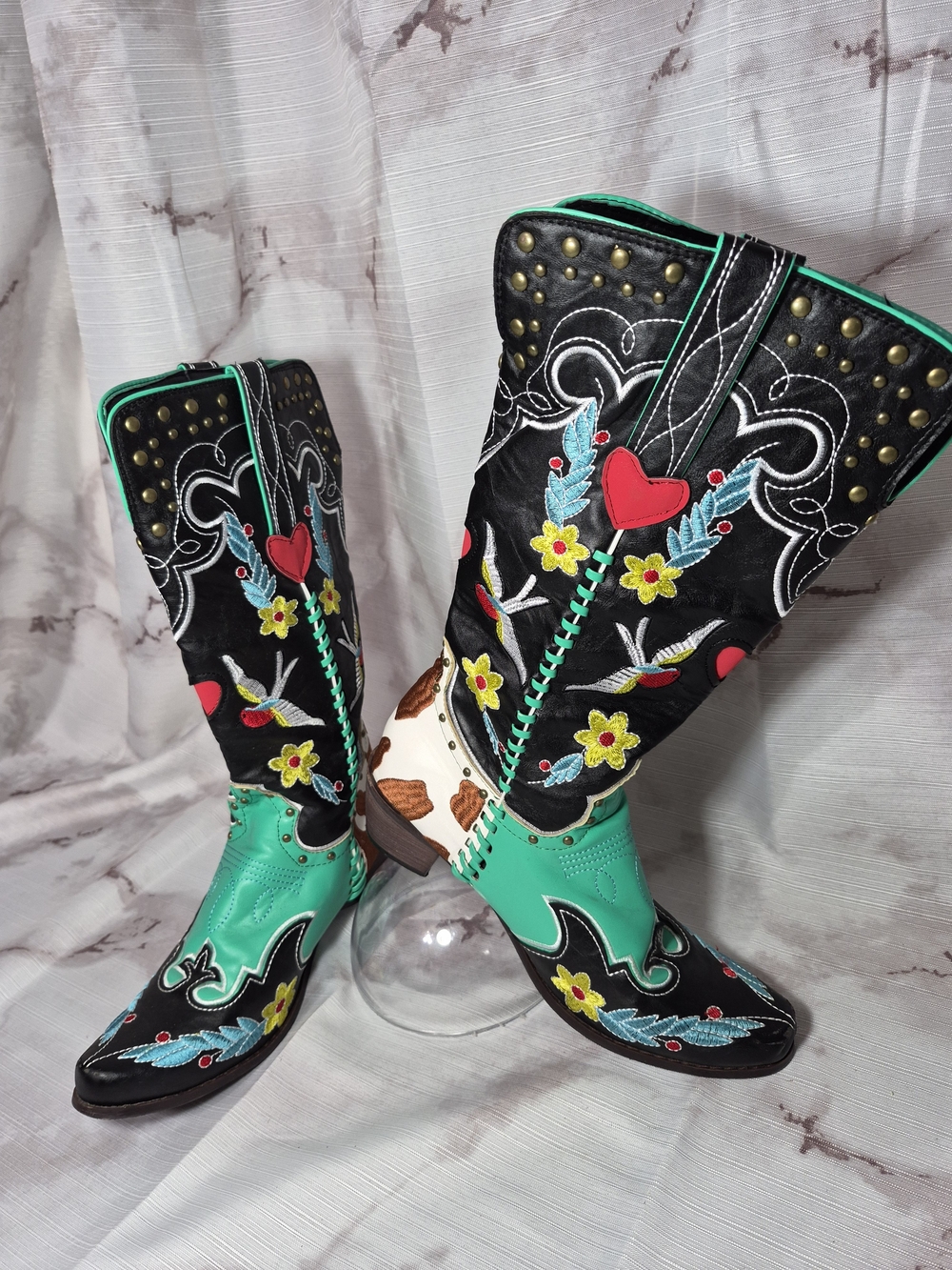 Turquoise & Black Embroidered Western Cowgirl Boots By Scaoruki - Picture 3 of 10